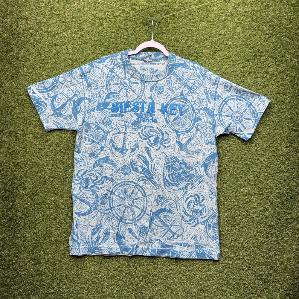 Vintage Siesta Key Florida AOP Shirt Mens Large Single Stitch 90s Blue All Over